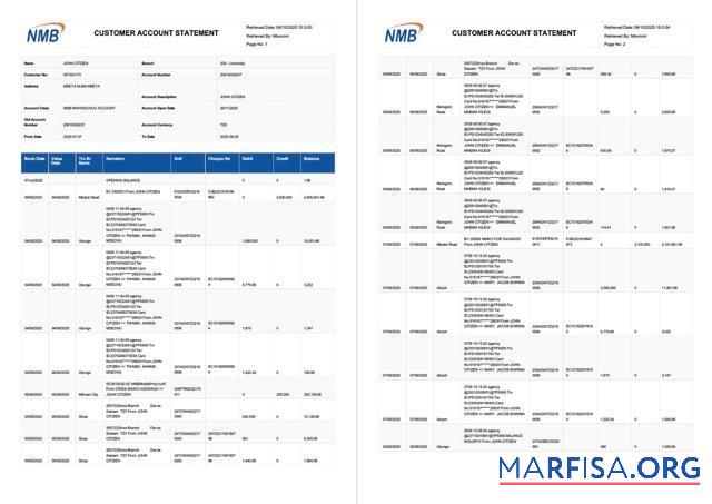 Downloadable Tanzania NMB bank account statement word 2 pages sample